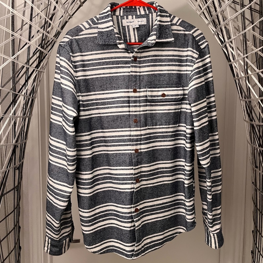 Old Navy 🫐 Striped Cotton Flannel Shirt | Medium | Grey/Blue and White |